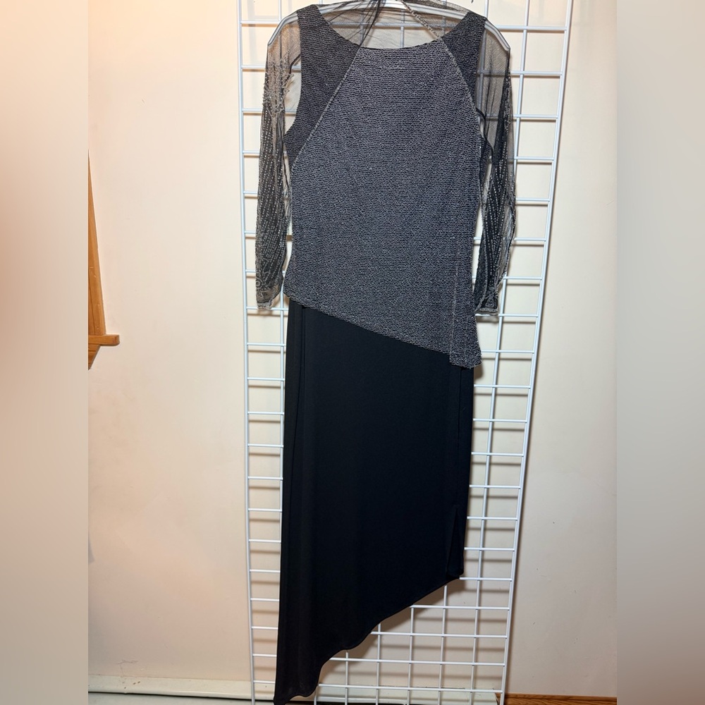 Chic Black and Gray Dress with Sheer beaded scarf